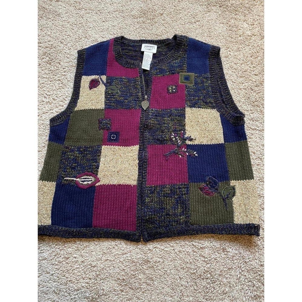 Koret Vest Cottage Core Knit Zip Up Women Large Petite Monterey Patchwork S13